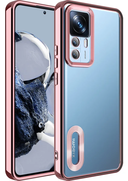 Case 4U Xiaomi Mi 12T / Mi 12T Pro Kılıf Kamera Lens Korumalı Şeffaf Renkli Logo Gösteren Parlak Omega Kapak Rose Gold