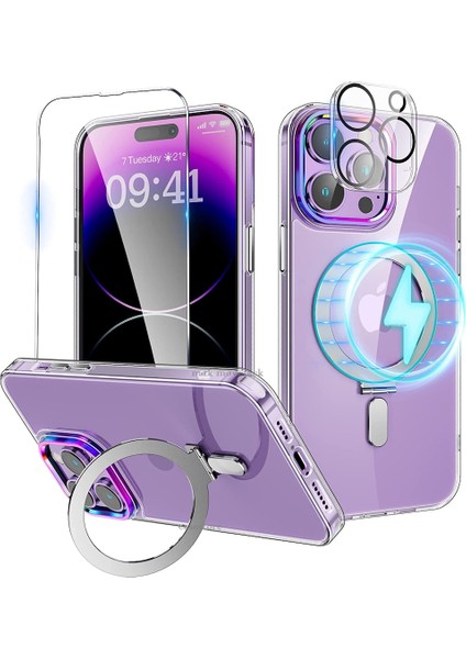 iPhone 14 Pro Kılıf Kamera Lens Çevresi Hologramlı Metalik Megsafe Halkalı 3in1 Set