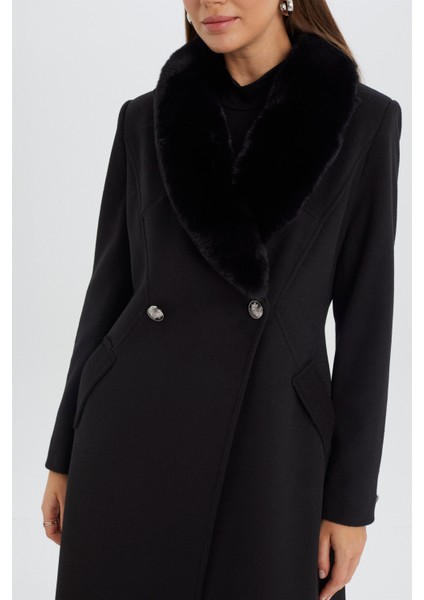 Kürk Yaka Cep Detaylı Siyah Kaşe Kaban 13092 fiyatları