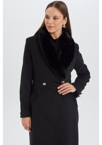 Kürk Yaka Cep Detaylı Siyah Kaşe Kaban 13092 modelleri