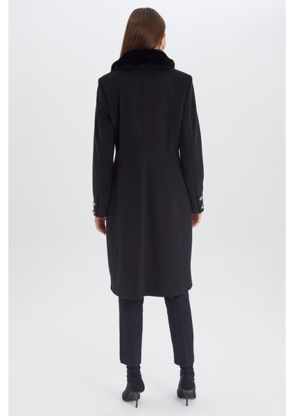 Kürk Yaka Cep Detaylı Siyah Kaşe Kaban 13092 indirimleri