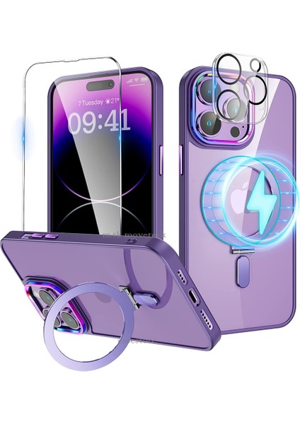 iPhone 14 Pro Kılıf Kamera Lens Çevresi Hologramlı Metalik Megsafe Halkalı 3in1 Set