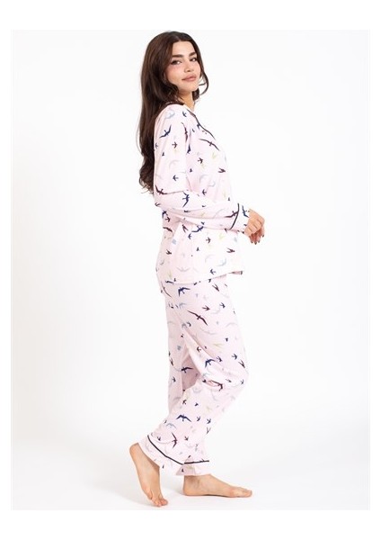Vs Bayan Desenli Penye U.kol Pijama Takım Pembe/kuş Desenli