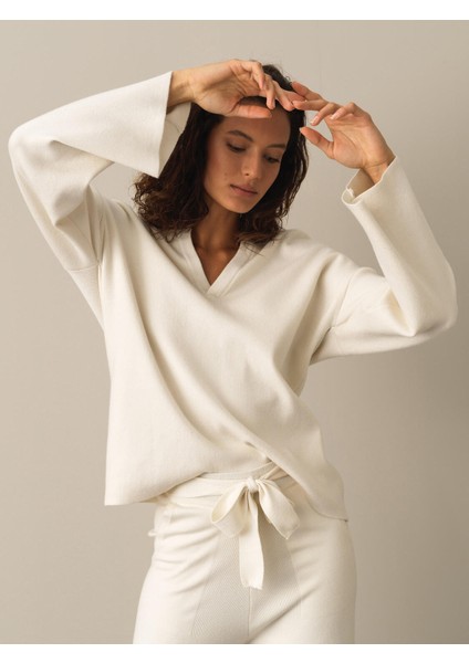 Kadın Ekru Oversize Kazak