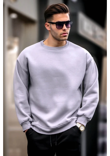 Boyalı Gri Bisiklet Yaka Oversize Şardonlu Basic Erkek Sweatshirt 6048