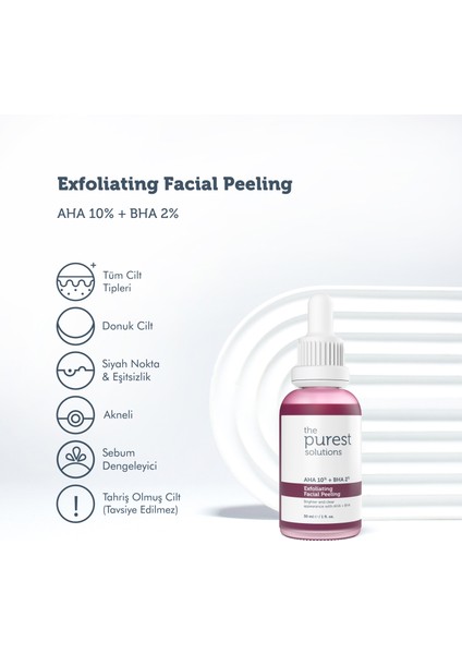 The Purest Solutions, AHA & BHA Canlandırıcı & Cilt Tonu Eşitleyici Kırmızı Peeling Cilt Serumu 30 ml  (Aha 10% + Bha 2%)