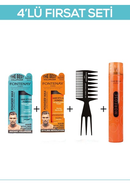 Saç Şekillendirici Pudra Toz Wax Mat Effect ve Ultra Strong 20GR + Şekil Tarak'ı 2 + Saç Spreyi 400ML 4'lü Set