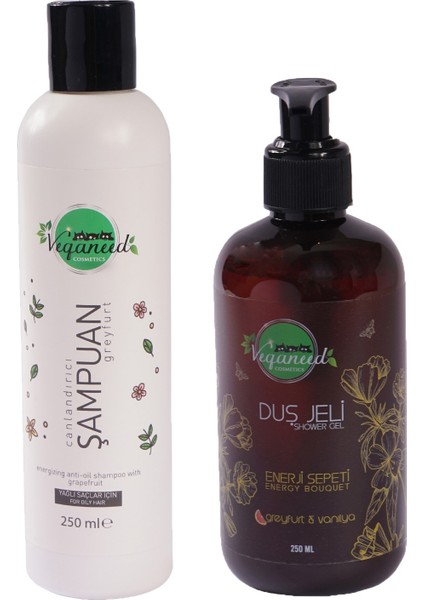 Enerji Sepeti Vegan Duş Paketi:şampuan ve Duş Jeli | Greyfurt & Vanilya Aromalı | 250 ml + 250 ml