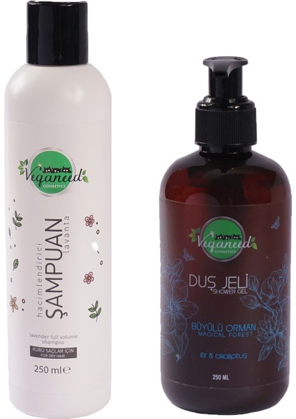 Vegan Hacimlendirici Lavanta Aromalı Şampuan ve Itır Aromalı Duş Jeli | Kuru Saçlar | 250 ml +250 ml