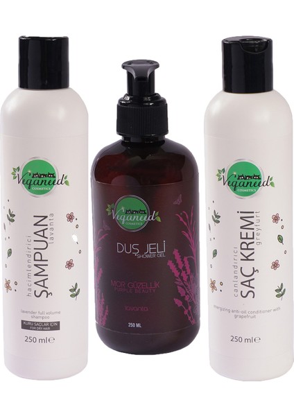Duş Sepeti: Vegan Lavanta Şampuan & Saç Kremi Greyfurt & Duş Jeli Lavanta | Kuru Saçlar | 3 x 250 ml