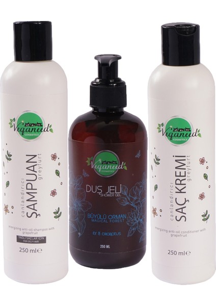 Canlandırıcı Vegan Şampuan Greyfurt & Saç Kremi Greyfurt & Duş Jeli Itır | Yağlı Saçlar | 3x 250 ml