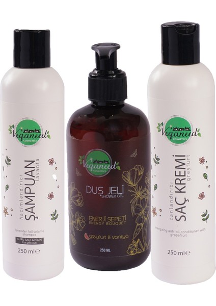 Hacimlendirici Vegan Şampuan Lavanta & Saç Kremi & Duş Jeli Greyfurt | Kuru Saçlar | 3 x 250 ml