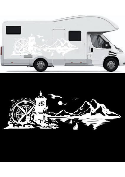 Deniz Feneri Manzara, Pusula Doğa Manzarası Kamp Karavan STICKER-S1364