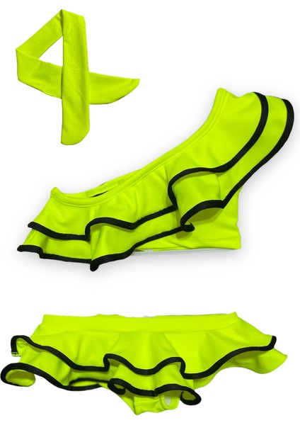 Kız Çocuk Neon Renkler Fosfor Yeşil Renk Tek Omuz Fırfırlı Bikini Takımı Saç Bandı Hediyeli Son Moda