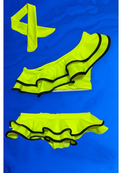 Kız Çocuk Neon Renkler Fosfor Yeşil Renk Tek Omuz Fırfırlı Bikini Takımı Saç Bandı Hediyeli Son Moda fiyatları