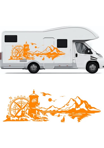 Deniz Feneri Manzara, Pusula Doğa Manzarası Kamp Karavan STICKER-S1364