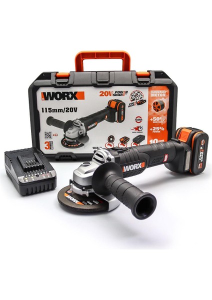 WX813 20V 4.0AH Li-Ion Tek Akülü 115 Mm Kömürsüz Profesyonel Şarjlı Avuç Taşlama