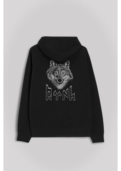 Göktürkçe Türk Bozkurt Wolf Kafa Ön ve Arka Baskılı Sweatshirt Kapüşonlu Hoodie