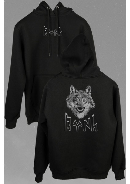 Göktürkçe Türk Bozkurt Wolf Kafa Ön ve Arka Baskılı Sweatshirt Kapüşonlu Hoodie modelleri