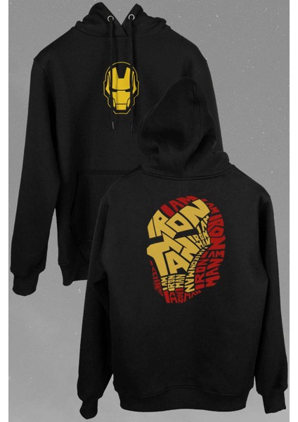 Iron Man Word Art Head Logo Demir Adam Ön ve Arka Baskılı Sweatshirt Kapüşonlu Hoodie