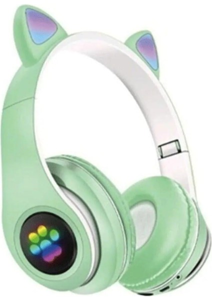 Rgb Işıklı Kedi Kulaklı Kulaküstü Bluetooth Kulaklık Yeşil