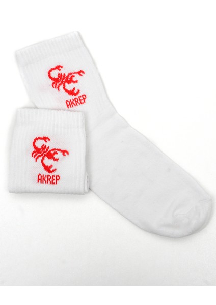 Beşiroğlu Grup Akrep Burcu Desenli Unisex Pamuk Beyaz Spor Tenis Gym Çorap Burç Astroloji Desenli