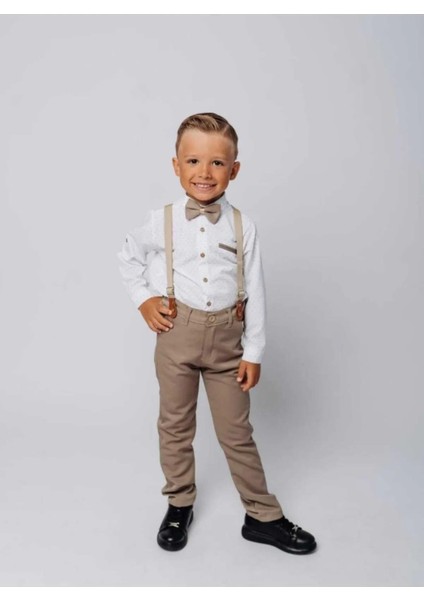 Erkek Çocuk Desenli Gömlekli Papyonlu Pantolon Takım