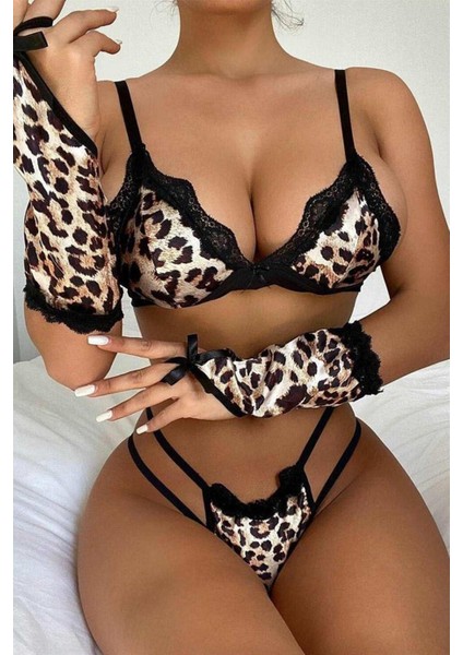 Kadın Sütyen Leopar Desen Eldivenli Seksi Babydoll 16001