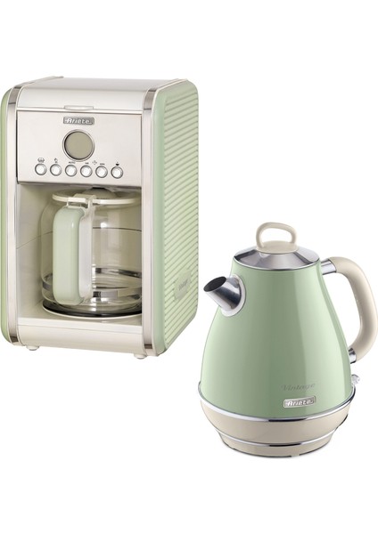 Vintage Yeşil Filtre Kahve Makinesi ve 1.7 Litre Kettle Seti