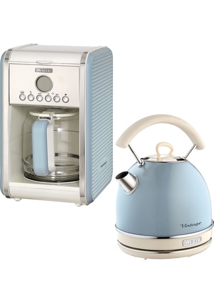 Vintage Mavi Filtre Kahve Makinesi ve Vintage 1.7 Litre Kettle Seti