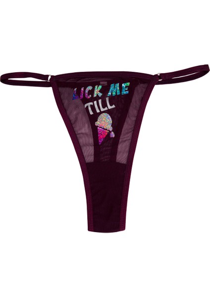 - Ice Cream Baskılı Transparan Tül G-string, Tanga, Kadın Iç Çamaşırı Bordo