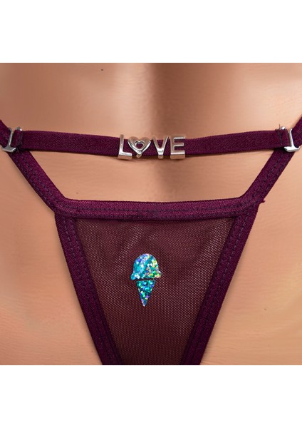 - Ice Cream Baskılı Transparan Tül G-string, Tanga, Kadın Iç Çamaşırı Bordo