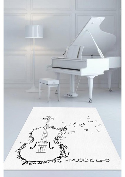 Müzik Hayattır Art Müzik Halısı Beyaz Renkli Müzik Halısı Gitar Figürlü Beyaz Modern Halı