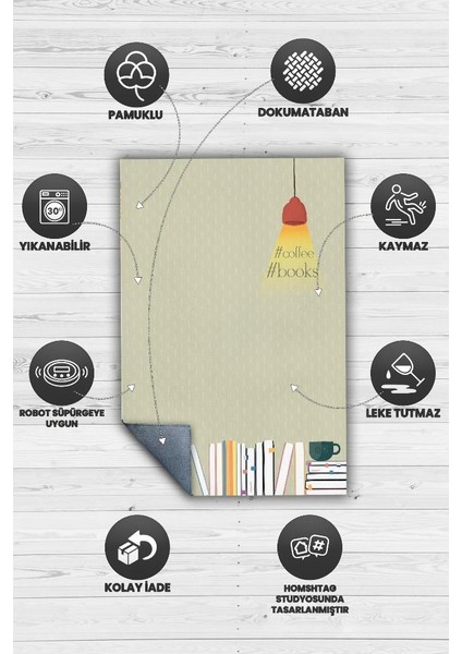 Kahve ve Kitaplar Pamuklu Dokuma Tabanlı Yıkanabilir Kaymaz Dekoratif Kitap Sever Halısı
