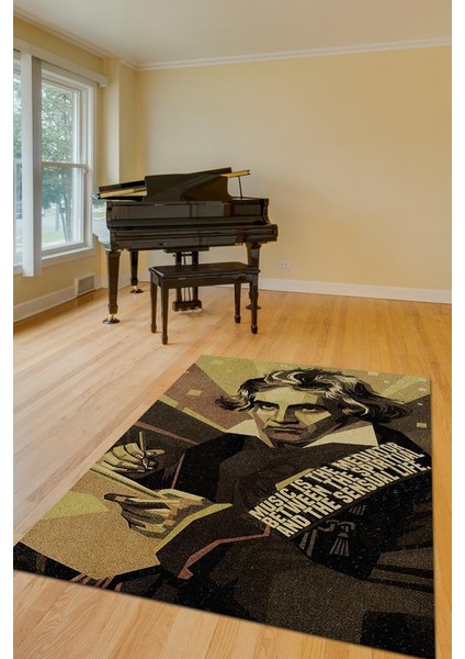 Beethoven Koyu Renkli Müzisyen Halı Müzsik Severe Hediyelik Halı Geometrif Figürlü Halı