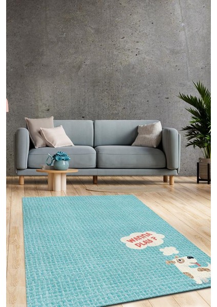 Oynayalım Mı Mavi Renkli Halı Modern Salon Halısı Köpekli Yatak Odası Halısı Dokulu Halı