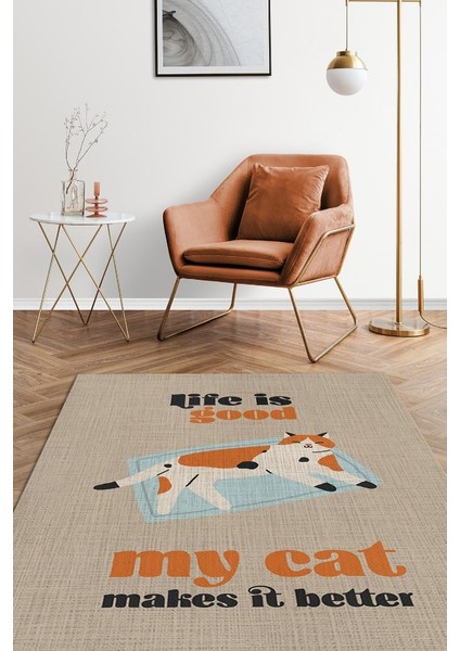 Hayat Kedimle Güzel Bej Turuncu Halı Kedi Figürlü Salon Halısı Modern Genç Odası Halısı
