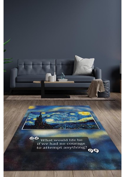 Yıldızlı Gece Van Gogh Dokuma Tabanlı Yıkanabilir Kaymaz Sanat Sever Halısı