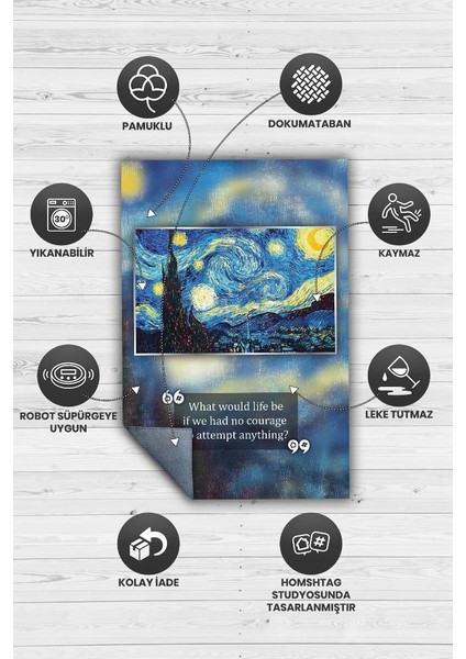 Yıldızlı Gece Van Gogh Dokuma Tabanlı Yıkanabilir Kaymaz Sanat Sever Halısı