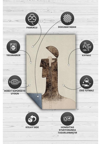 Zihnime Bakış Pamuklu Dokuma Tabanlı Yıkanabilir Kaymaz Dekoratif Halı
