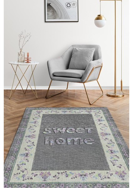 Tatlı Evim Yıkanabilir Gri Pembe Renkli Halı Etnik Desenli Salon Halısı Modern Halı