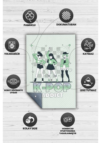 K-pop Bağımlısı Pamuklu Dokuma Tabanlı Yıkanabilir Kaymaz Dekoratif Halı