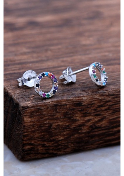 Halka Tamtur Renkli Taşlı Rodyumlu Gümüş Küpe 6026