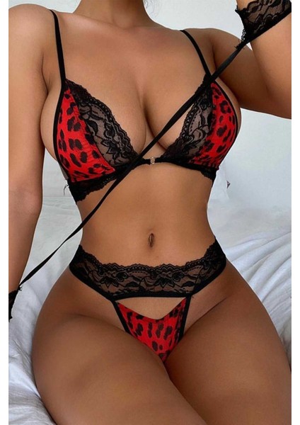 Bella Notte Kadın Çok Şık Kırmızı Leopar Desen Eldivenli Seksi Fantezi String 16000