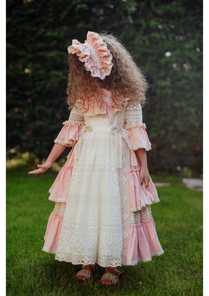 Pembe Elbise, Dantel Detaylı Abiye, Uzun Vintage Kız Çocuk Elbise