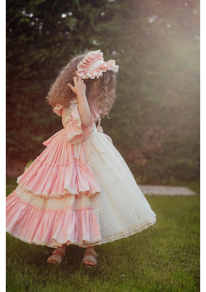 Pembe Elbise, Dantel Detaylı Abiye, Uzun Vintage Kız Çocuk Elbise