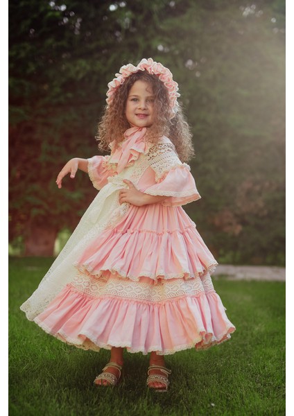 Pembe Elbise, Dantel Detaylı Abiye, Uzun Vintage Kız Çocuk Elbise