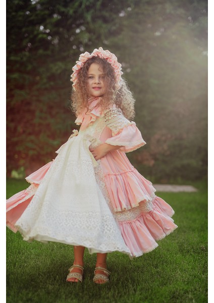 Pembe Elbise, Dantel Detaylı Abiye, Uzun Vintage Kız Çocuk Elbise