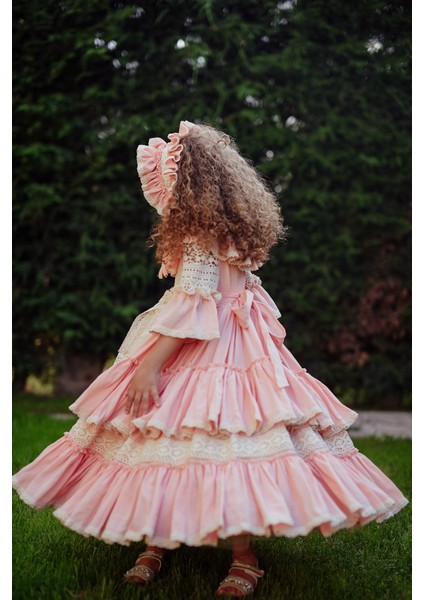 Pembe Elbise, Dantel Detaylı Abiye, Uzun Vintage Kız Çocuk Elbise