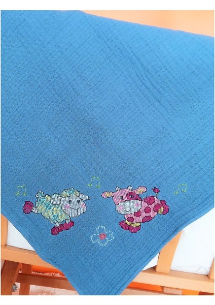 El Işlemeli Dört Kat Müslin Bebek Battaniyesi 85X90 cm
